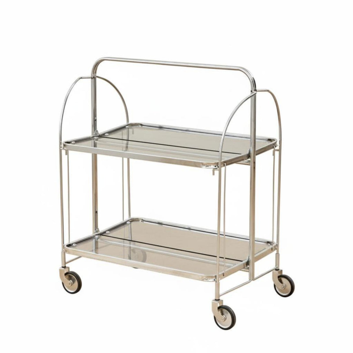 Easy Mobility Folding Fluted Glass Trolley Multi-Purpose 2-Tier Rolling Cart Modern Design Wheeled Side Table Vintage Aesthetic for Home Entertainers, Apartment Dwellers, Living Room, Kitchen, Bedroom, Balcony