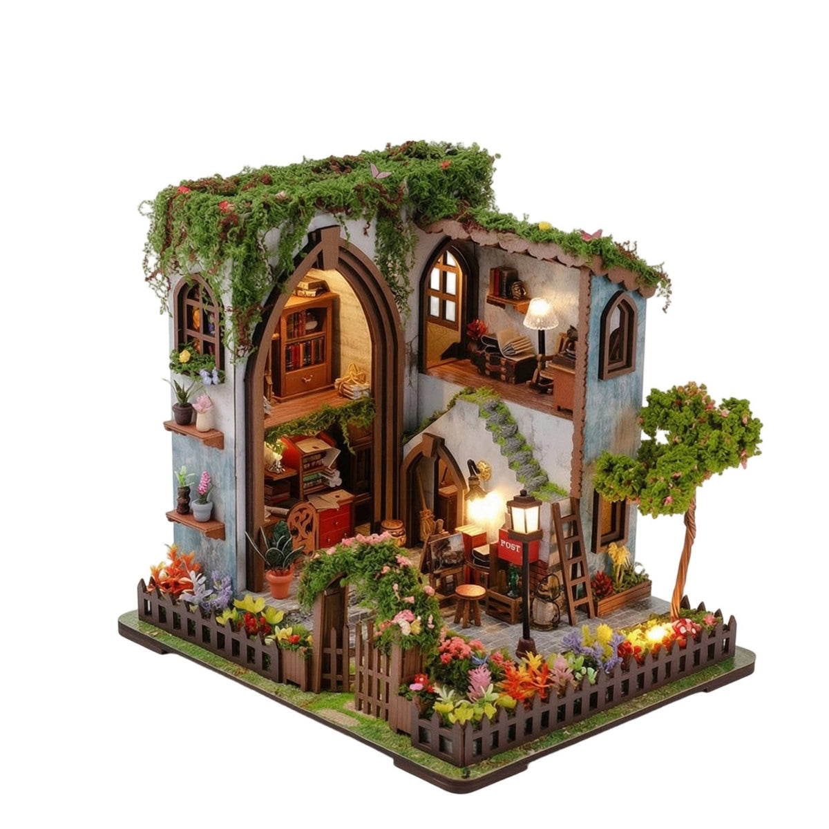 Miniature House Kit with LED Lights Warm Dollhouse Kit Relaxing for Reading Nook
