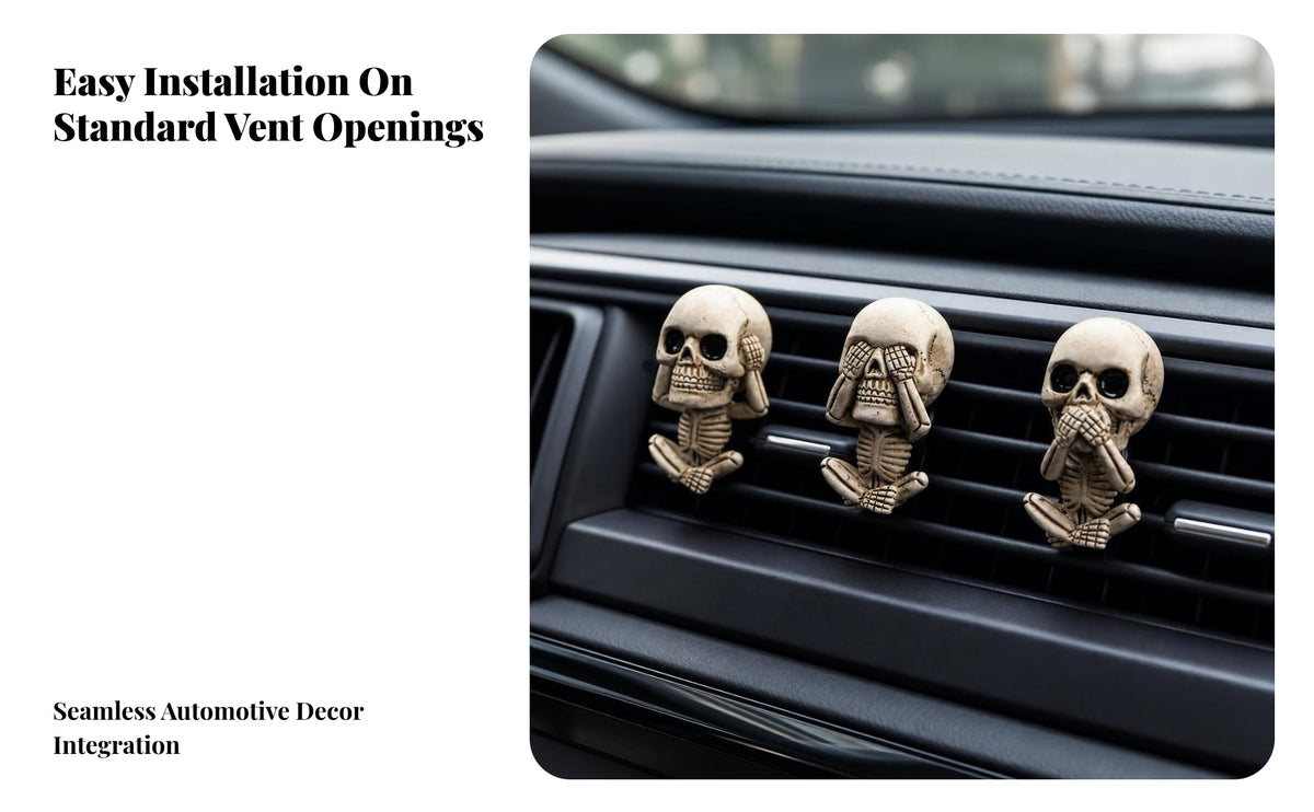 Aged-Bone Look Car Vent Ornament with Clip Long-Lasting Skeleton Skull Figure Gothic Resin Skeleton Ornament Spooky for Goth Decor Lovers, Halloween Decoration
