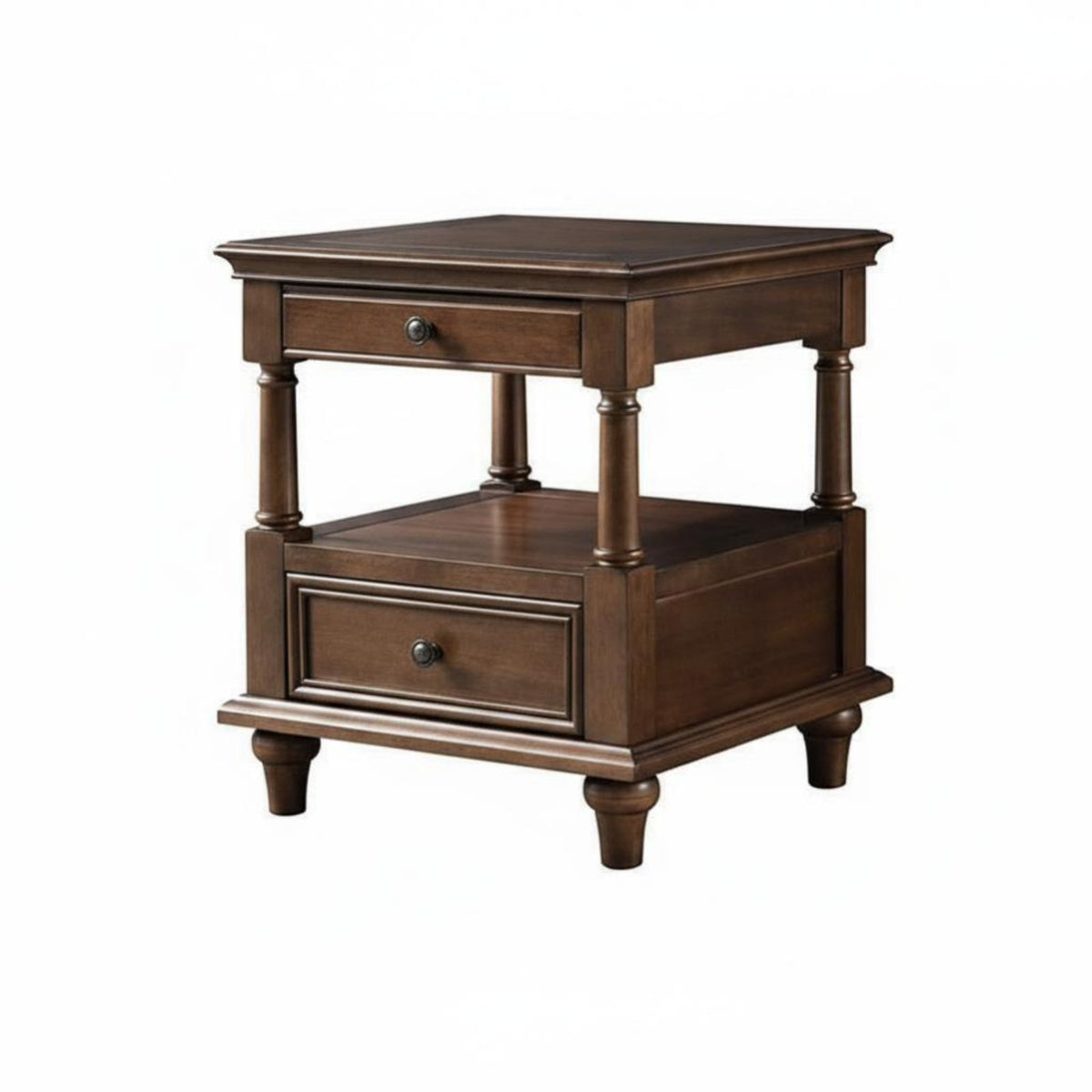 Dual-Level Square Stand Sturdy Wood Side Table North American Country Design With Storage Shelf for Interior Decorators