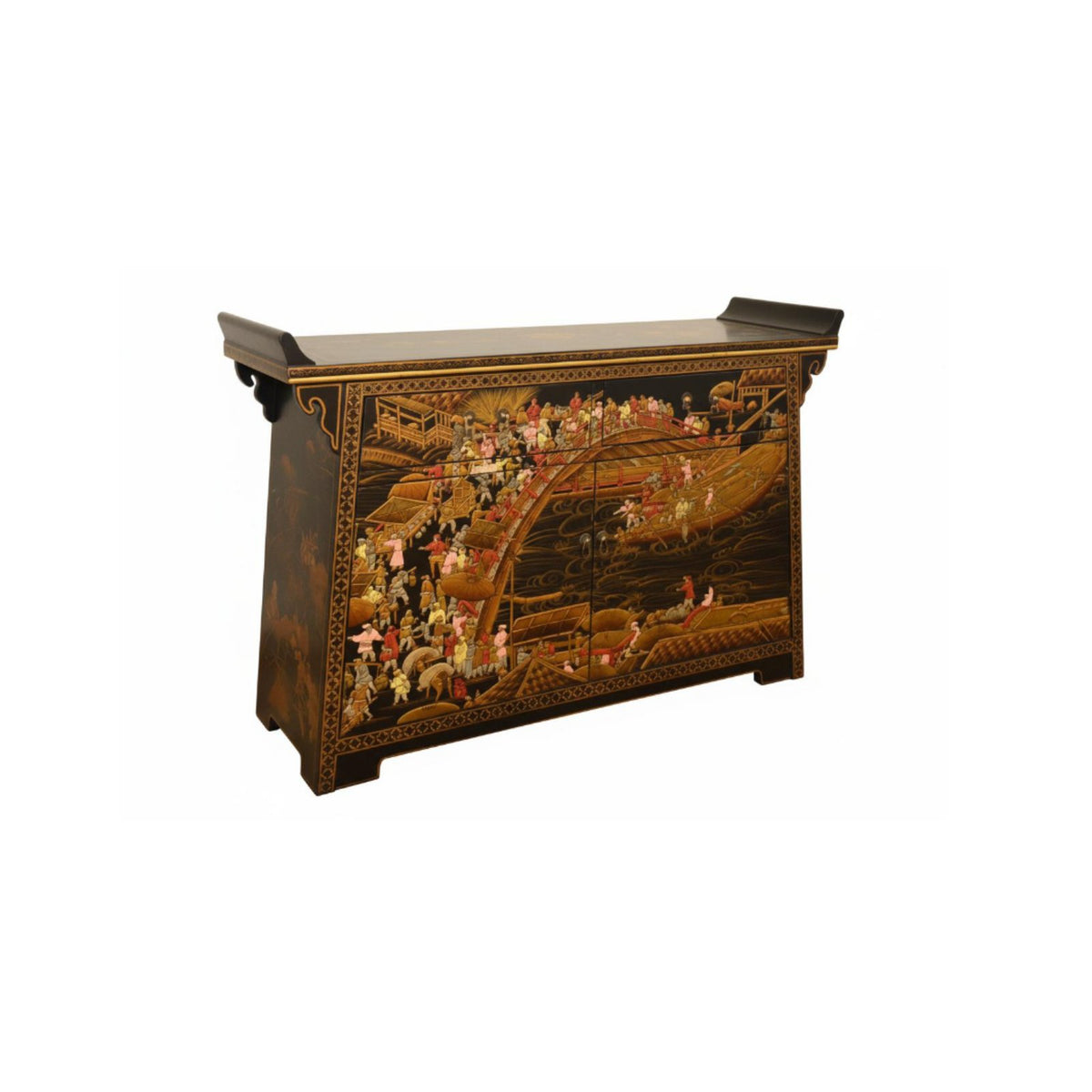 Chinese Design Entryway Cabinet Traditional Design Entryway Table Two Drawers Double Door Compartment for Hallway, Bedroom