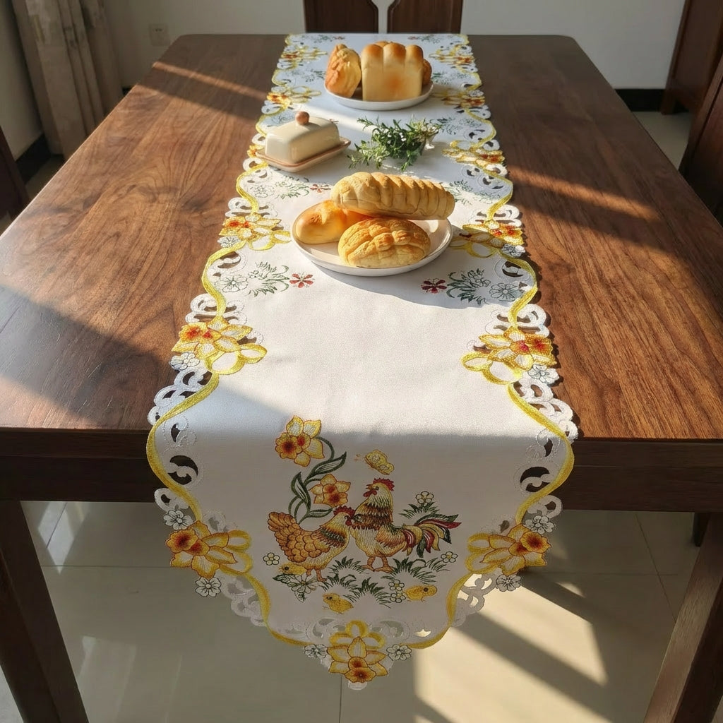 Embroidered Chicken Table Runner Festive Decoration Easter Hen Placemat Lace Trim Chicken Pattern Table Runner for Families, Holiday Dinners, Parties