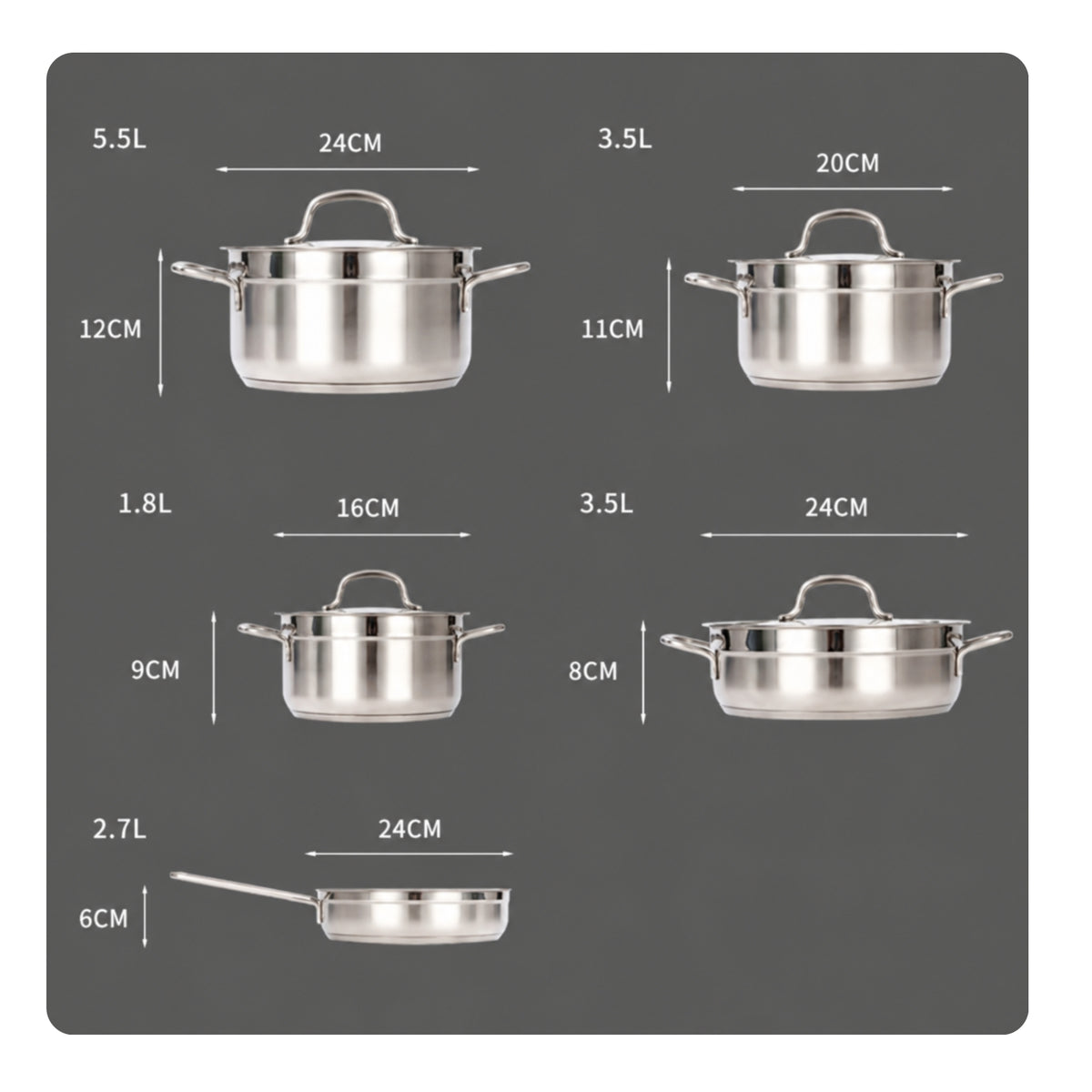 9 Pieces Stainless Steel Cookware Set Composite Bottom Cookware Set with Glass Lids Pots and Pans Polished Frying Pan