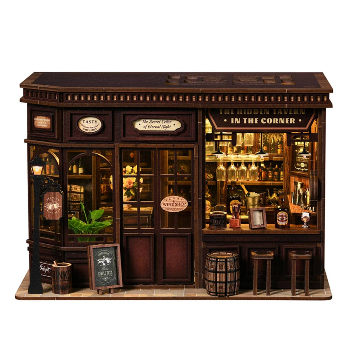 Lighting Cord Miniature Tavern Model Printed Signs Wooden Craft Building Corner Set Tavern Model
