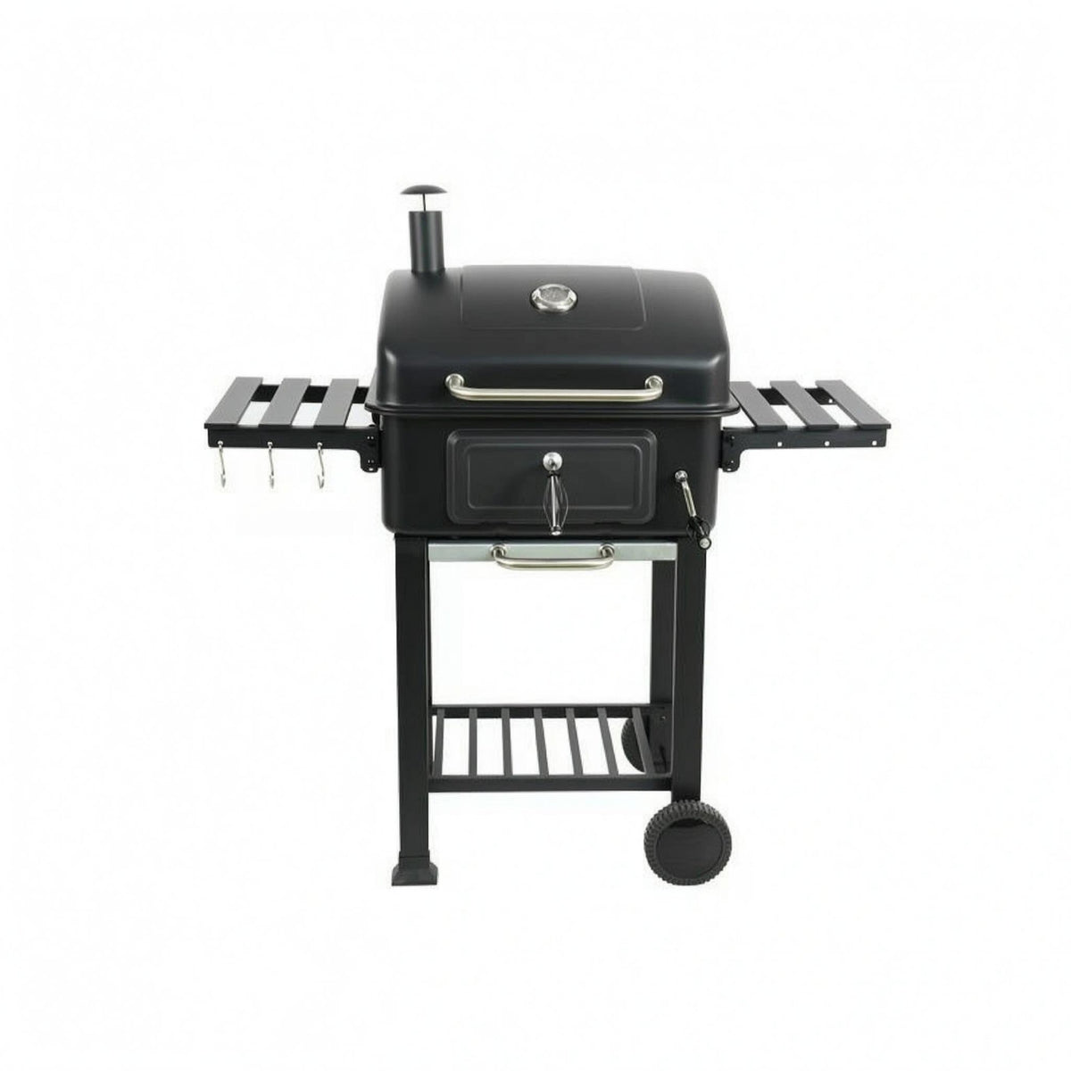 Barbecue Grill with Side Shelves Curved Lid Black Barbecue Grill Chimney Vent Outdoor Cooking for Backyard