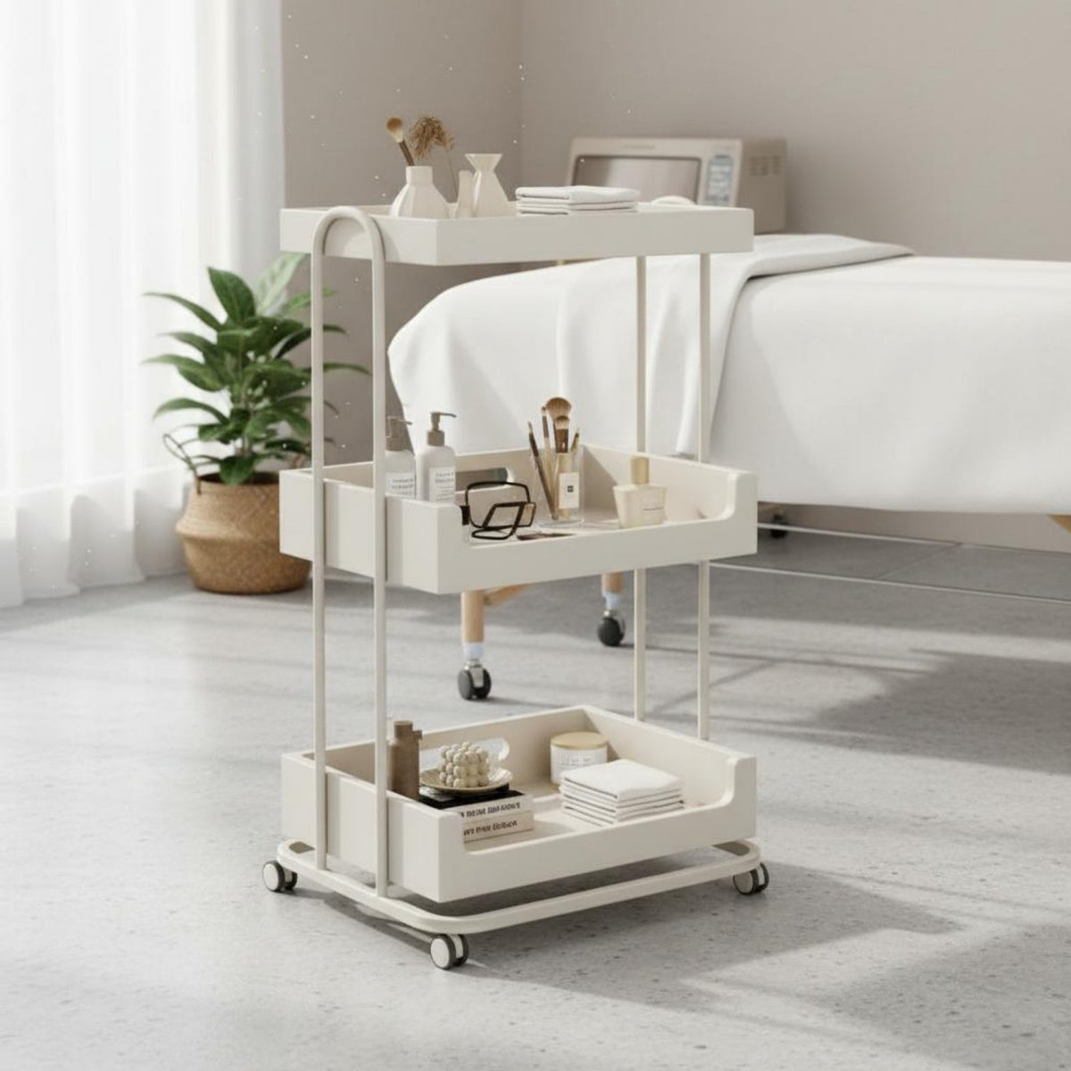 Salon Service Trolley Easy to Clean Cream Design Utility Cart Space Saving Utility Trolley with Wheels for Beauticians, Spa, Narrow Areas, Living Room