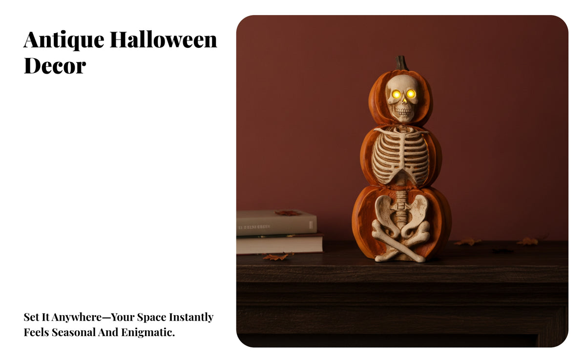 Spooky Skeleton Pumpkin Statue | Distressed Vintage Look, Halloween Tabletop Ornament with Light-up Eyes, Compact Freestanding Design, for Entryway