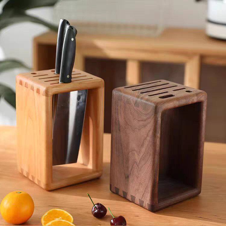 Walnut Solid Wood Kitchen Knife Rack with Dust Cover and Drainage
