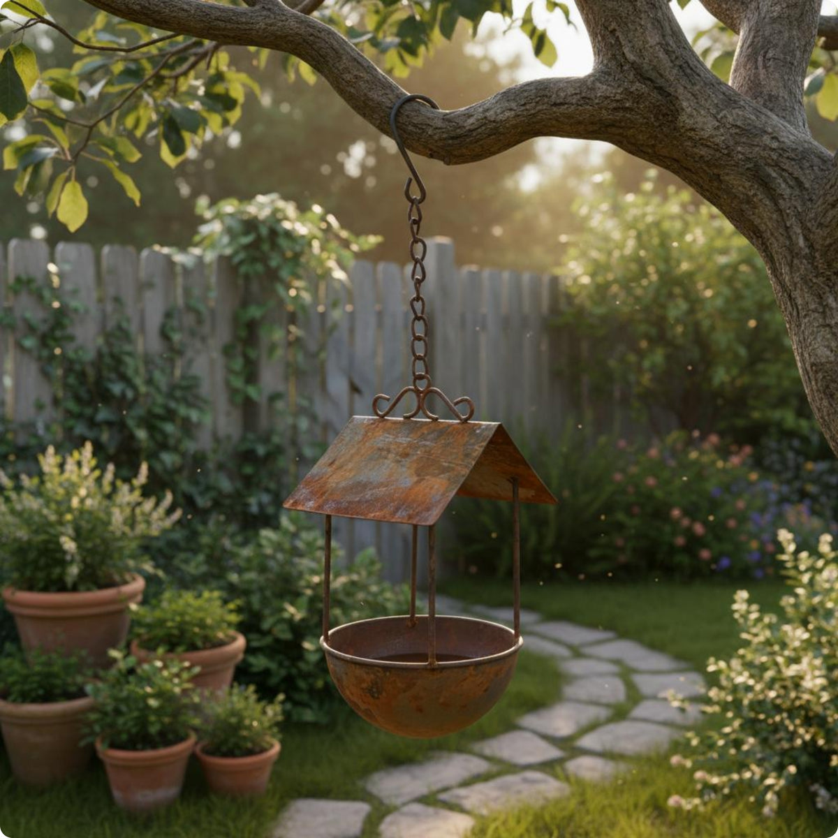 Rusted Metal Bird Feeder Weathered Finish Garden Decor Outdoor Use