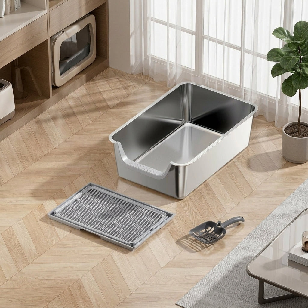 Cat Toilet Stainless Steel Litter Tray, Semi-Enclosed XL Size Litter Pan, Easy Clean Non Sticky Metal Box for Large Cats and Big Breeds