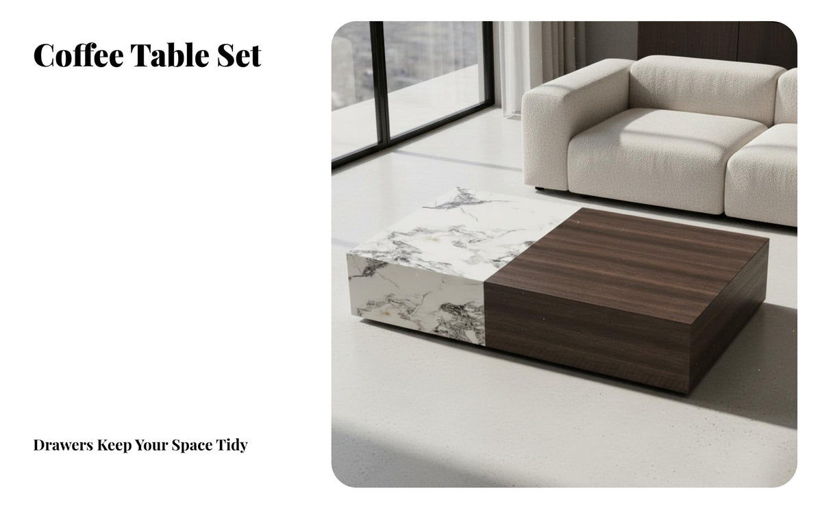 2 Pieces Minimalist design Nesting Coffee Table Set with Storage Drawer Home Furnishing Space-Saving Indoor Furniture long-lasting Construction for Apartment Dwellers, Homeowners, Newlyweds, Living Room, Small Spaces, Lounge Area, Office