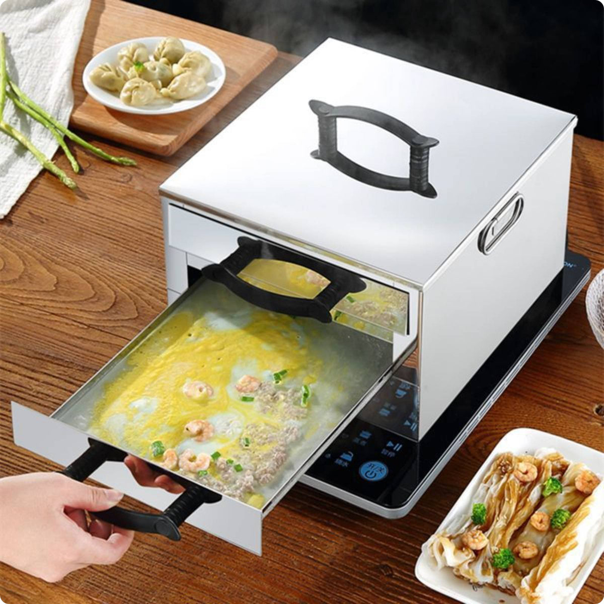 Cheung Fun Steamer Portable Rice Roll Steamer Heat-Resistant Handle