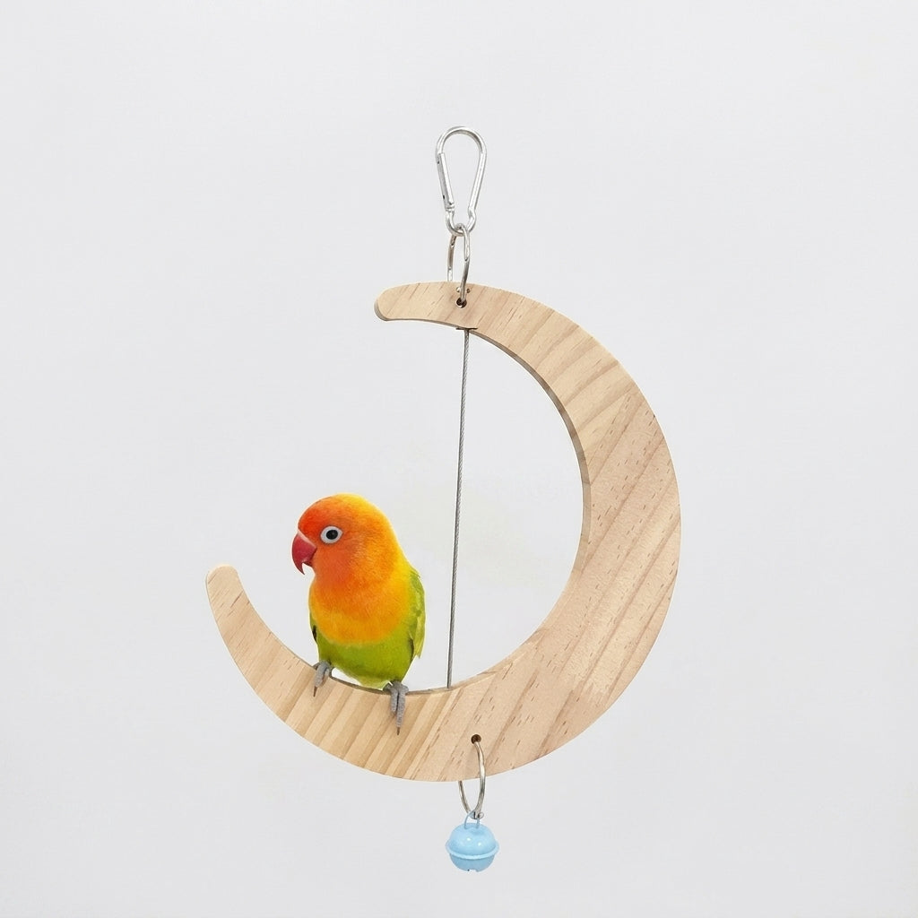 Parrot Swing and Parrot Perch with Large Moon Swing and Large Flower Mirror, Fir Wood Bird Swing and Perch Wood Mirror Cage for Small Birds