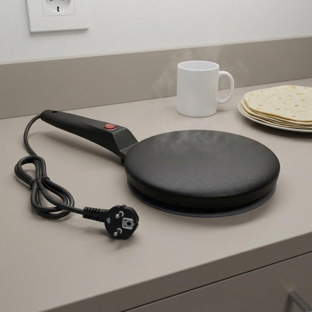 600 W Electric Pancake Pan Black Non-Stick Pancake Pan Long Handle Electric Crepe Appliance Hanging Hole