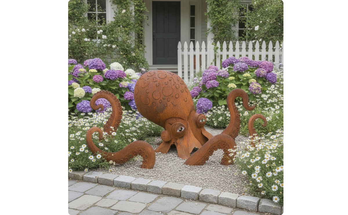 Rust-Toned Sea Creature Garden Stake Handmade Metal Sea Creature Sculpture Decorative Yard Art Stake Rustic for Gardeners, Homeowners, Flower Bed, Patio