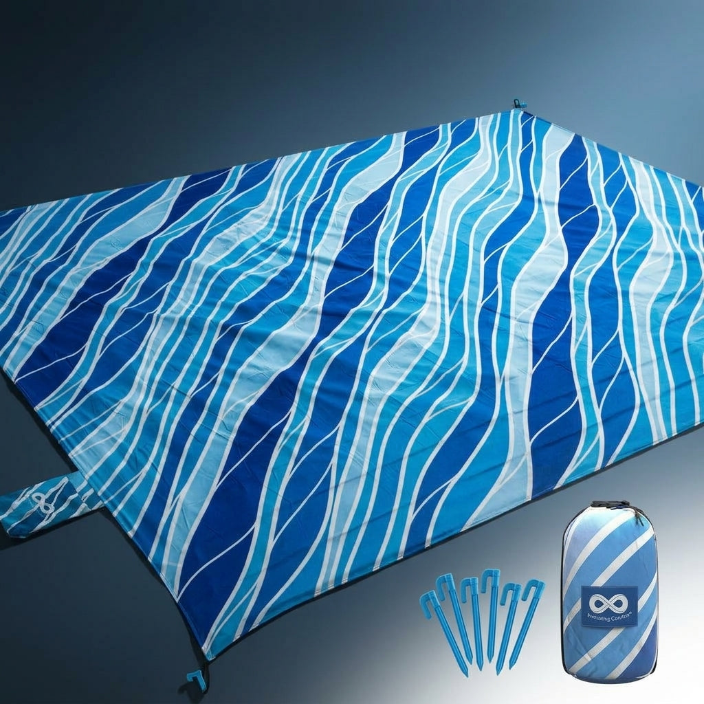 Picnic Blanket and Waterproof Blanket for Family Picnic, Large Polyester Beach Mat with Anchoring Stakes, Easy to Fold Camping Mat and Pouch