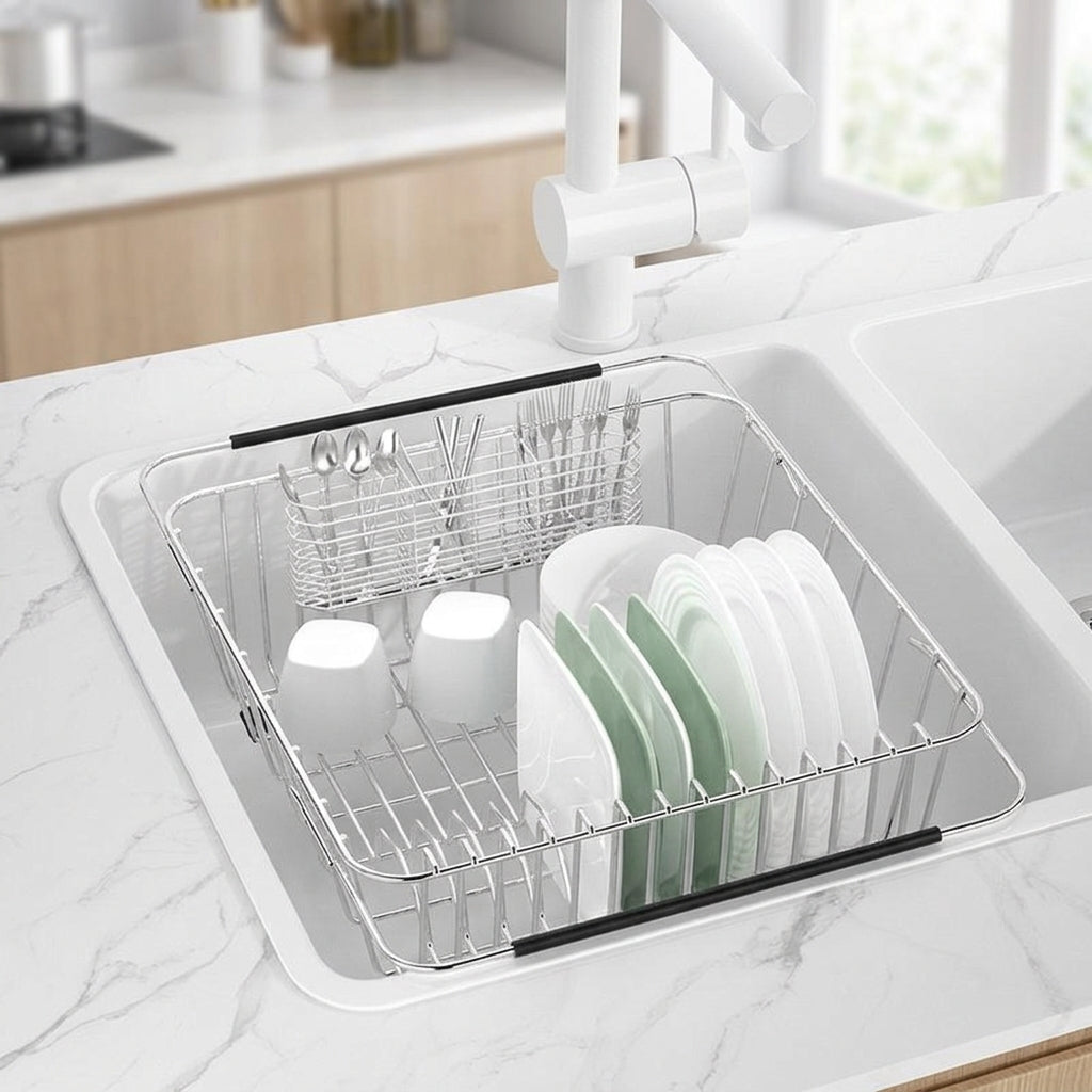 Extendable Dish Rack Kitchen Sink Organizer, Adjustable Stainless Steel Dish Rack with Utensil Holder, Space Saving Modern Kitchen In-Sink Tool