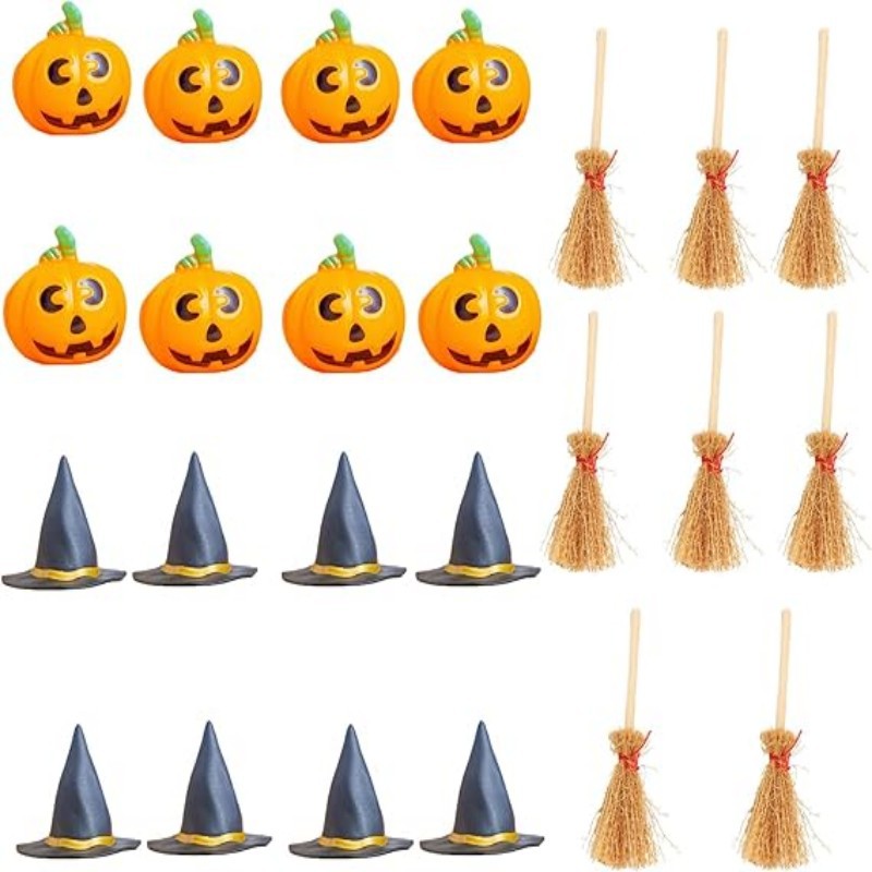 24-Piece Halloween Mini Witch Hats and Broomsticks with Pumpkin Heads for Halloween Party