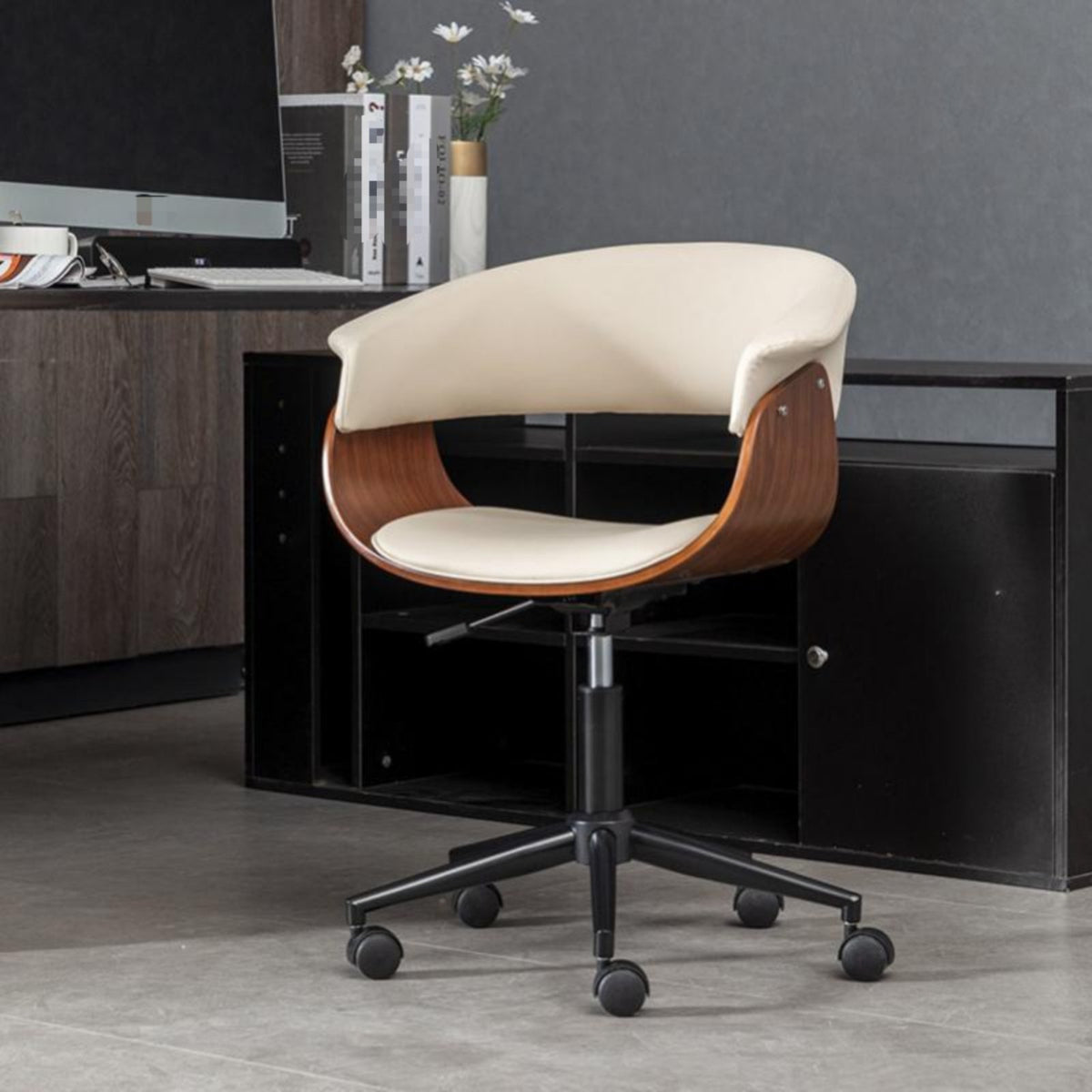Minimalist and design Adjustable rotating Seat Ergonomic Design Wheeled Wooden Study Chair Curved spinerest Office Furniture spineing for Home Workers, Students, Adults, Bedroom, Dorm Room