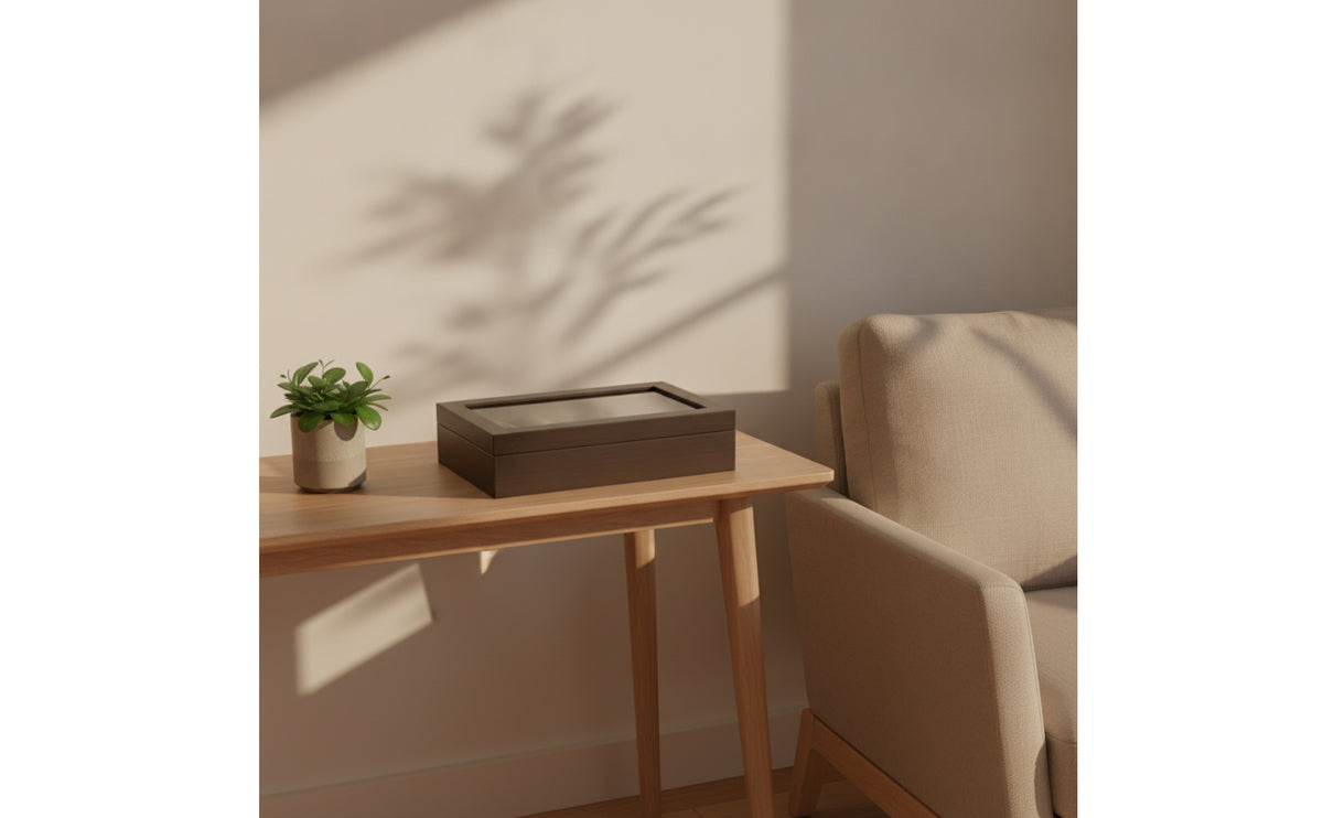 Watch Display Case with Glass Lid Woodwatch with Textured Finish Display Case Luxury for Collectors, Dresser, Closet