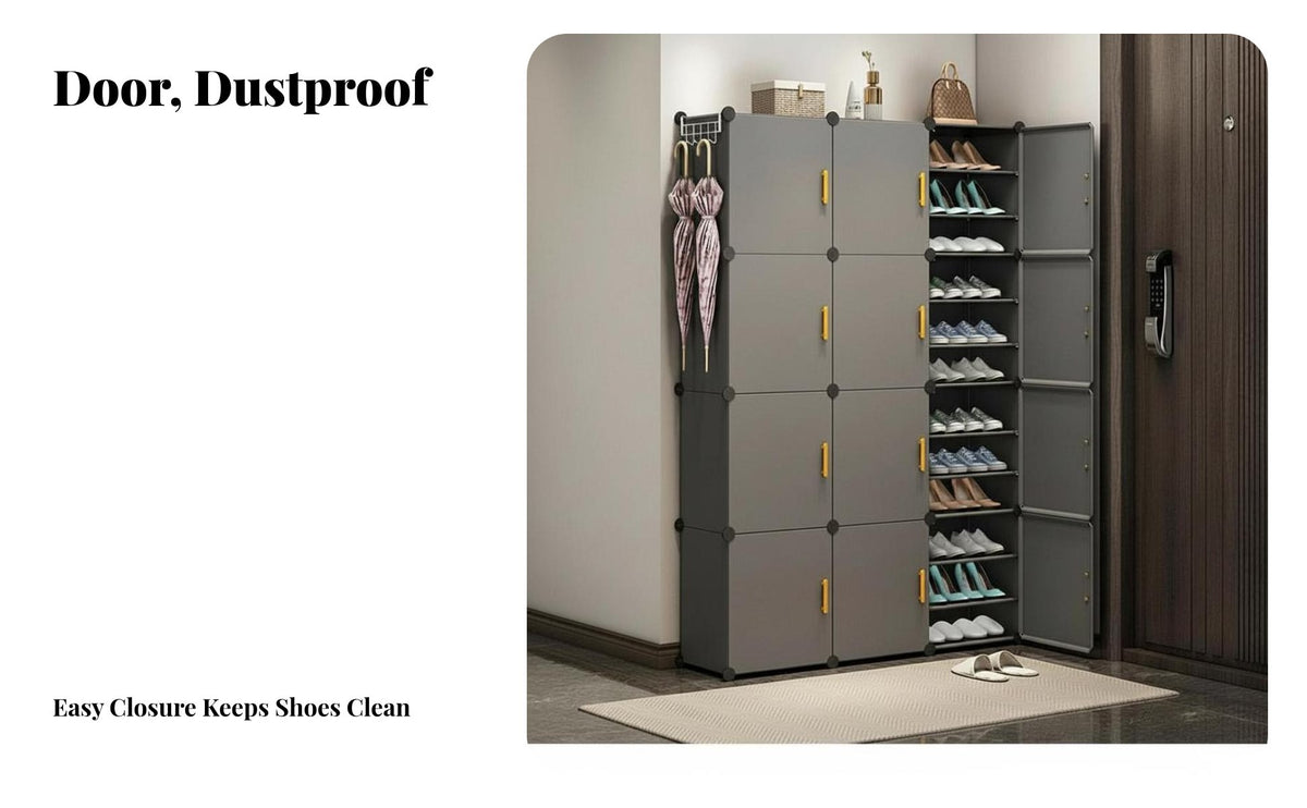 Large Capacity Stand-Alonestanding Shoe Cupboard Space-Saving Modular Shoe Cabinet with Doors Easy Assembly Footwear Organizer Sturdy Construction for Apartment Dwellers, Homeowners, appearanceConscious Individuals, Entryway, Hallway, Mudroom, Bedroom
