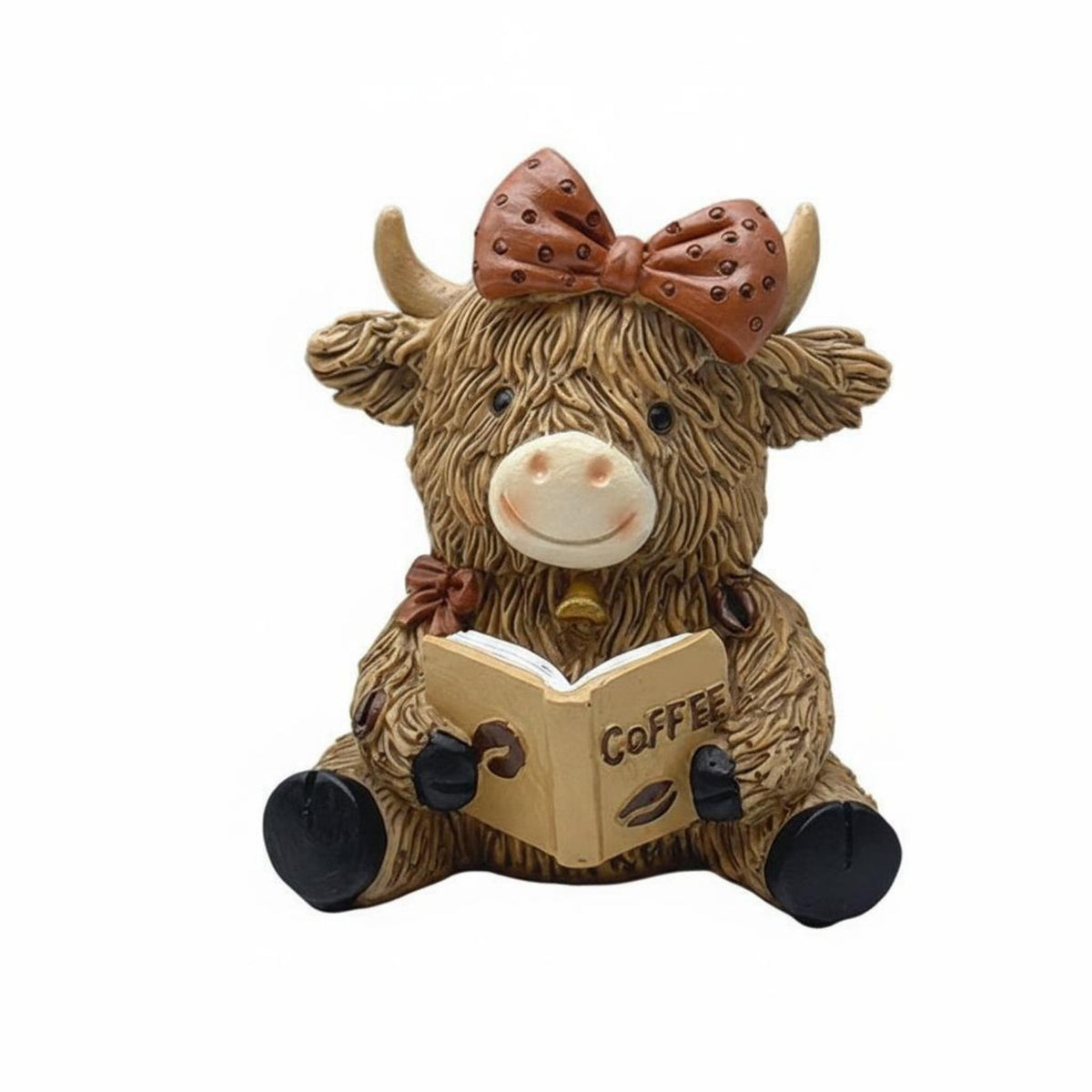 Coffee Theme Cow Sculpture Hand-Painted Look Resin Cattle Figure for Office Desk