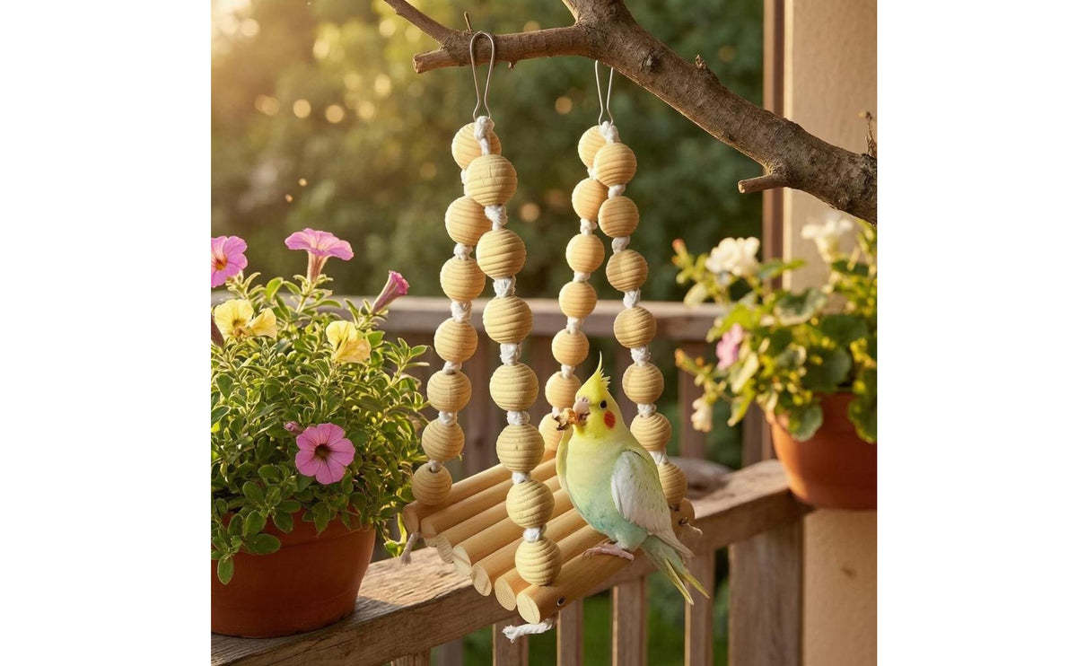 Natural Wood Parrot Swing Chew Toy Knotted Rope Wooden Bird Swing Smooth Dowels Hanging Bird Chew Toy Lightweight for Parrots, Small Birds