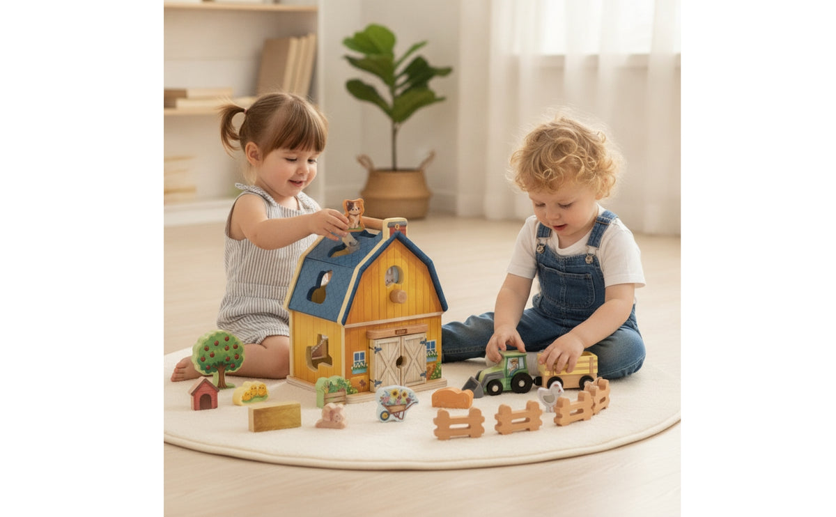 Pretend Play Farm Shape Sorter Playset Fine-Motor Barn Shape Sorter Educational Barn Toy with Animal Figures Learning for Toddlers, Preschoolers, Playroom, Daycare
