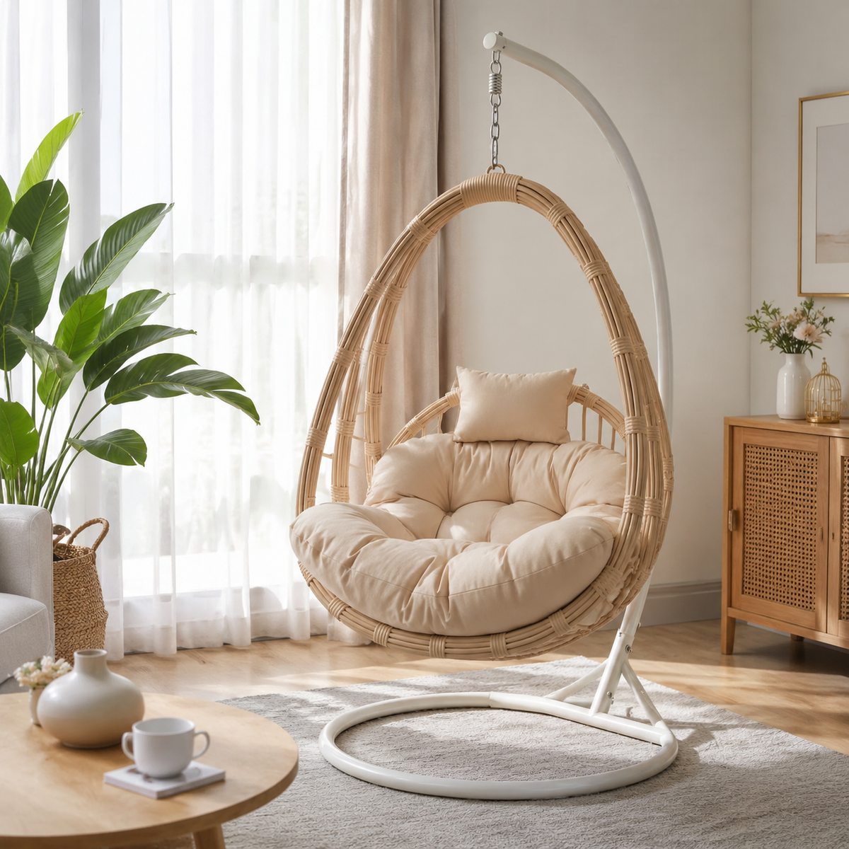 Rattan Hanging Egg Chair with Stand, Garden Egg Chair Outdoor Rattan Swing Egg Chair, Metal Frame Patio Conservatory Hanging Chair