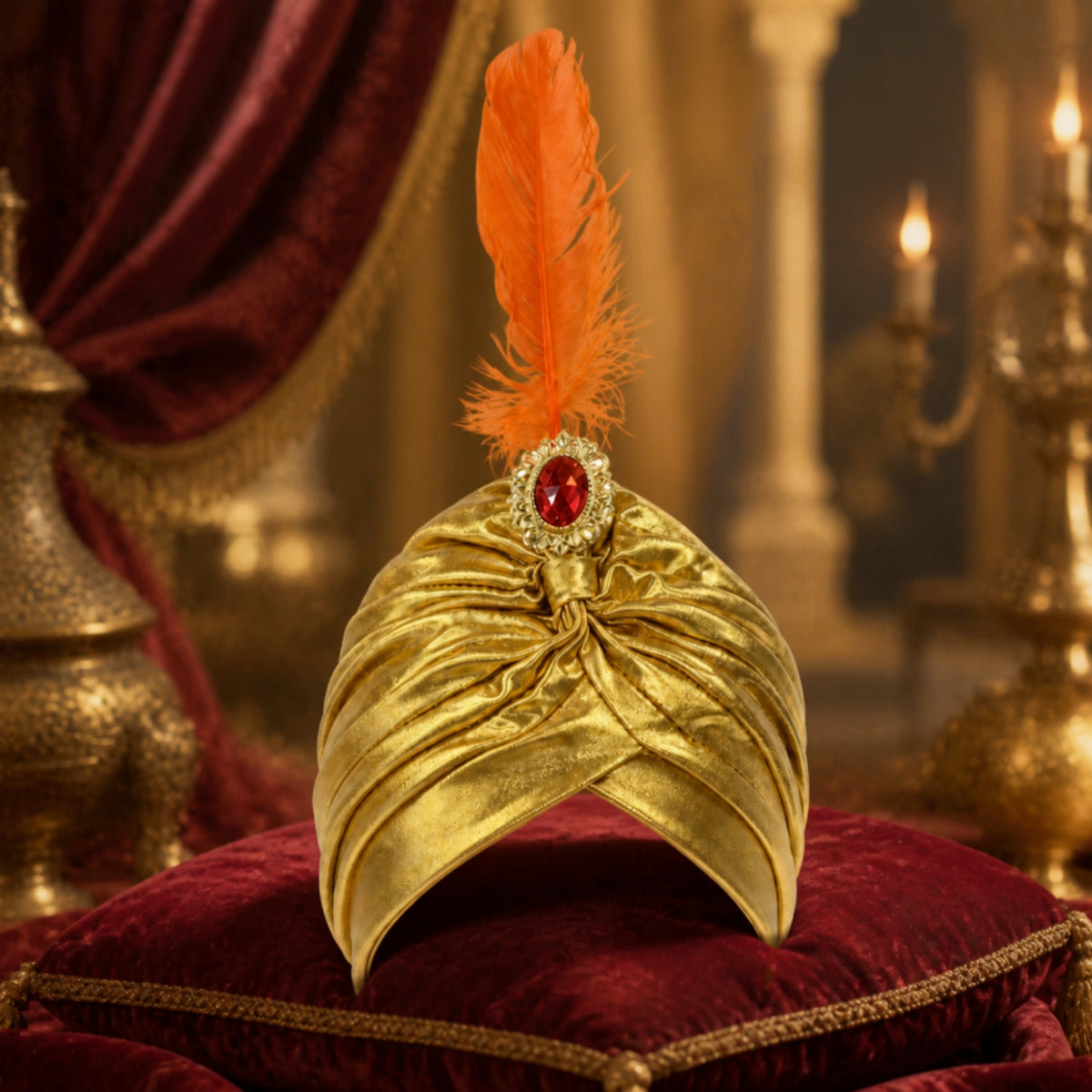 Turban with Feather Pleated Costume Turban Hat Dramatic Headwear for Cosplayers, Stage Shows
