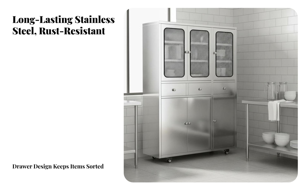 Stainless Steel Kitchen Cabinet Easy to Clean Restaurant Prep Station Large Capacity Freestanding Kitchen Cupboard for Families, Renters, Dining Room