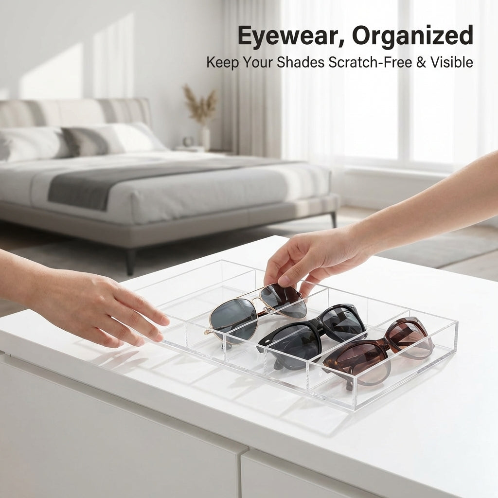 Clear Acrylic Sunglasses Organiser, 6 Compartment Tray for Eyeglasses Storage, Vanity Table and Drawer Organizer, Desktop