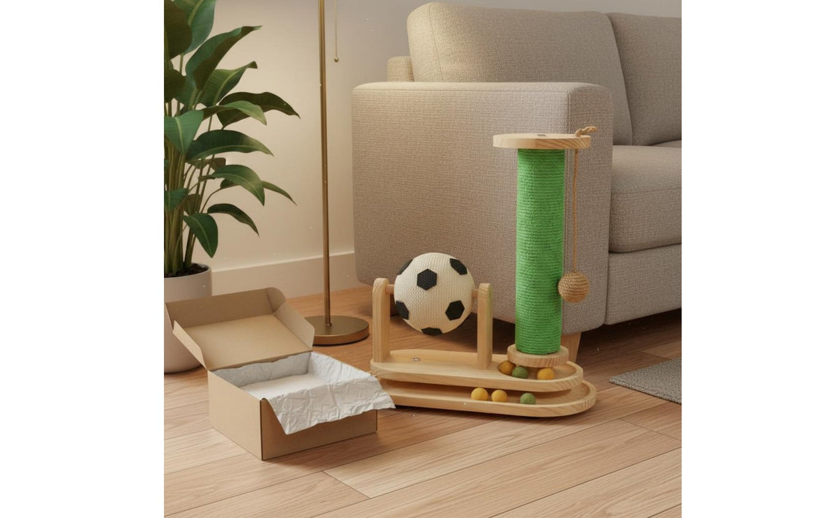 Cat Scratching Pole with Ball Track Protects Furniture Wooden Cat Activity Center Solid Wood Construction Pet Supplies for Kittens, Indoor