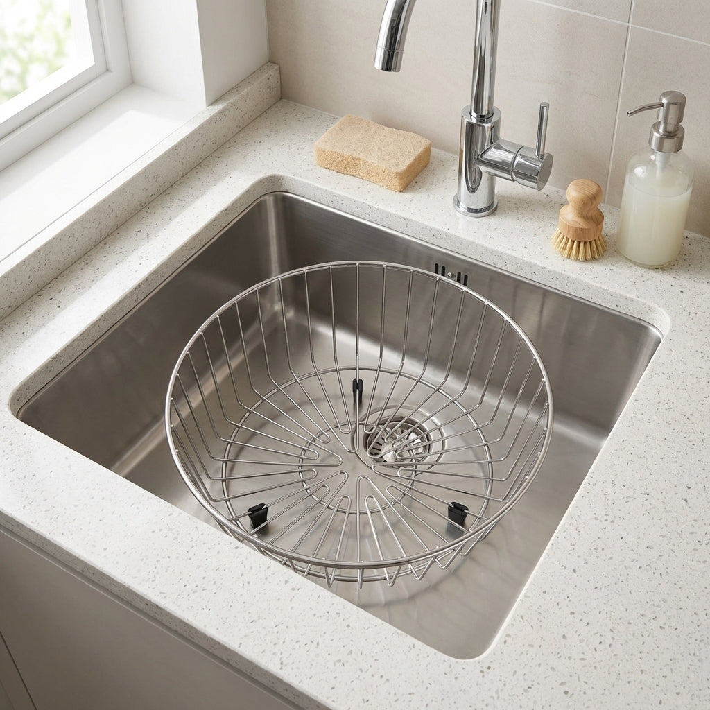 Round Draining Basket in 304 Stainless Steel, Multi-Functional Kitchen Sink Basket, Freestanding Vegetable Washing Basin for Vegetables Fruits