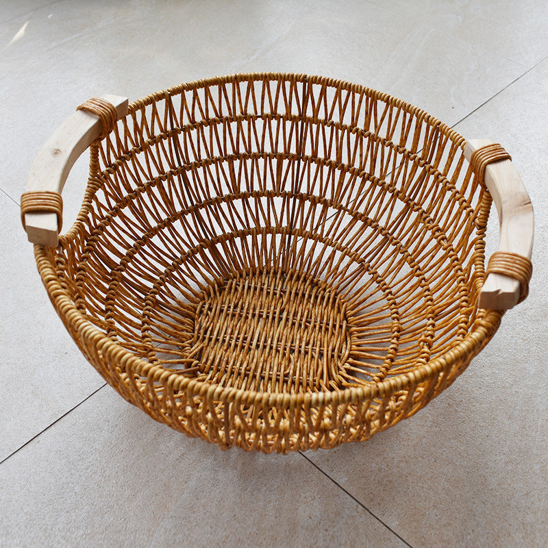 Rattan-Style Round Basket with Wooden Handle for Storage and Decoration