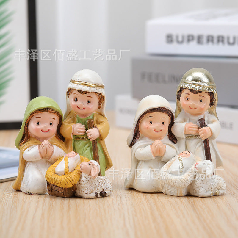 Cartoon Holy Family Nativity Scene Resin Figurine Set, Christmas Decor