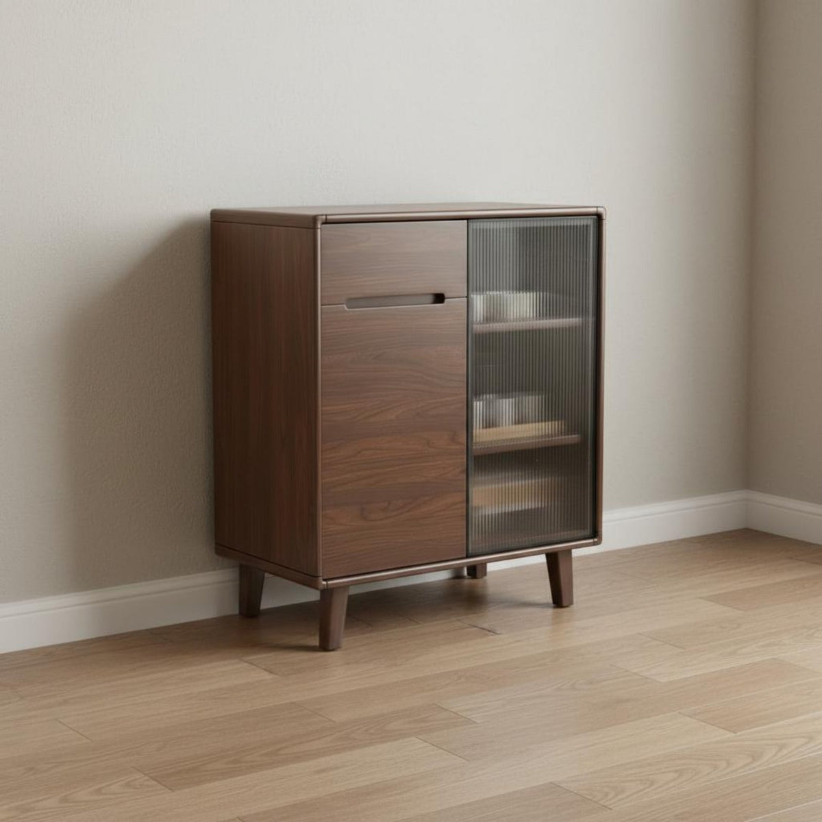 Walnut Dining Buffet Solid Wood Storage Sideboard Cabinet with Fluted Glass Doors and Spacious Countertop Suitable for Adults Renters Entryway Dining Room Living Room