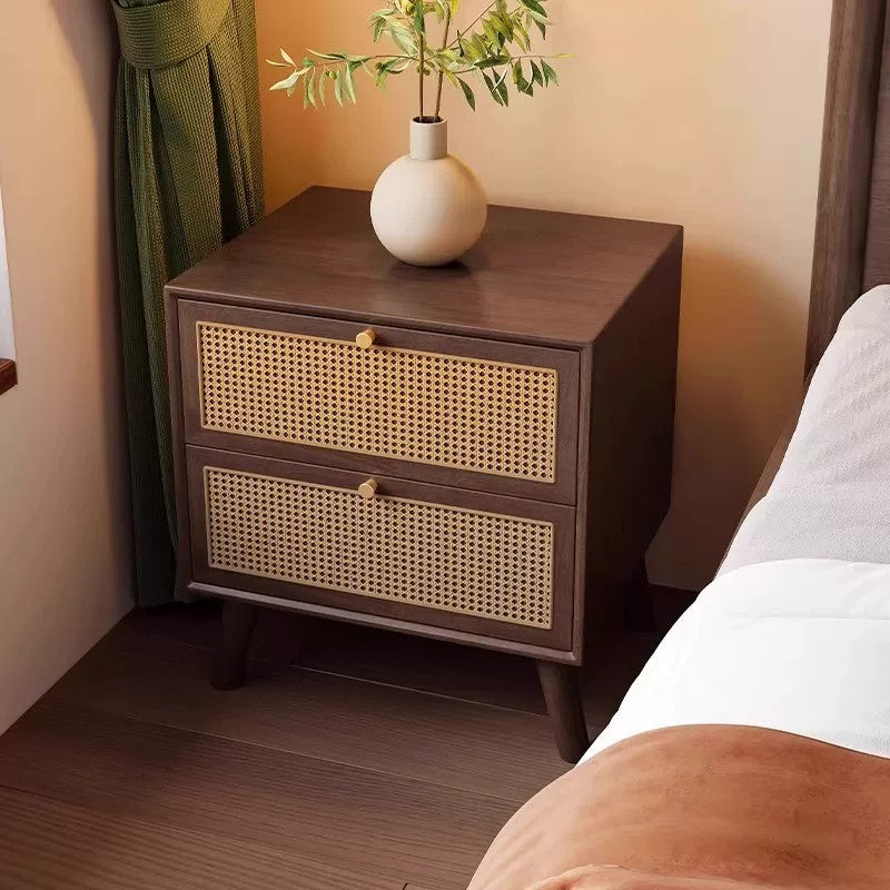 Solid Wood Nightstand with Rattan Weave
