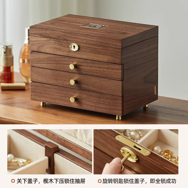 New Solid Wood Jewelry Box with Lock, Multi-layer Storage, Vintage Style