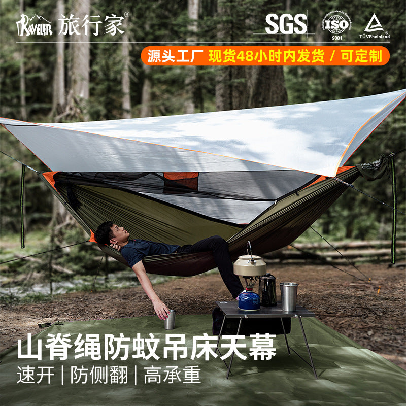 Camping Hammock with Mosquito Net, Ridge Rope, Large Anti-Rollover, Bushcraft Quick-Open