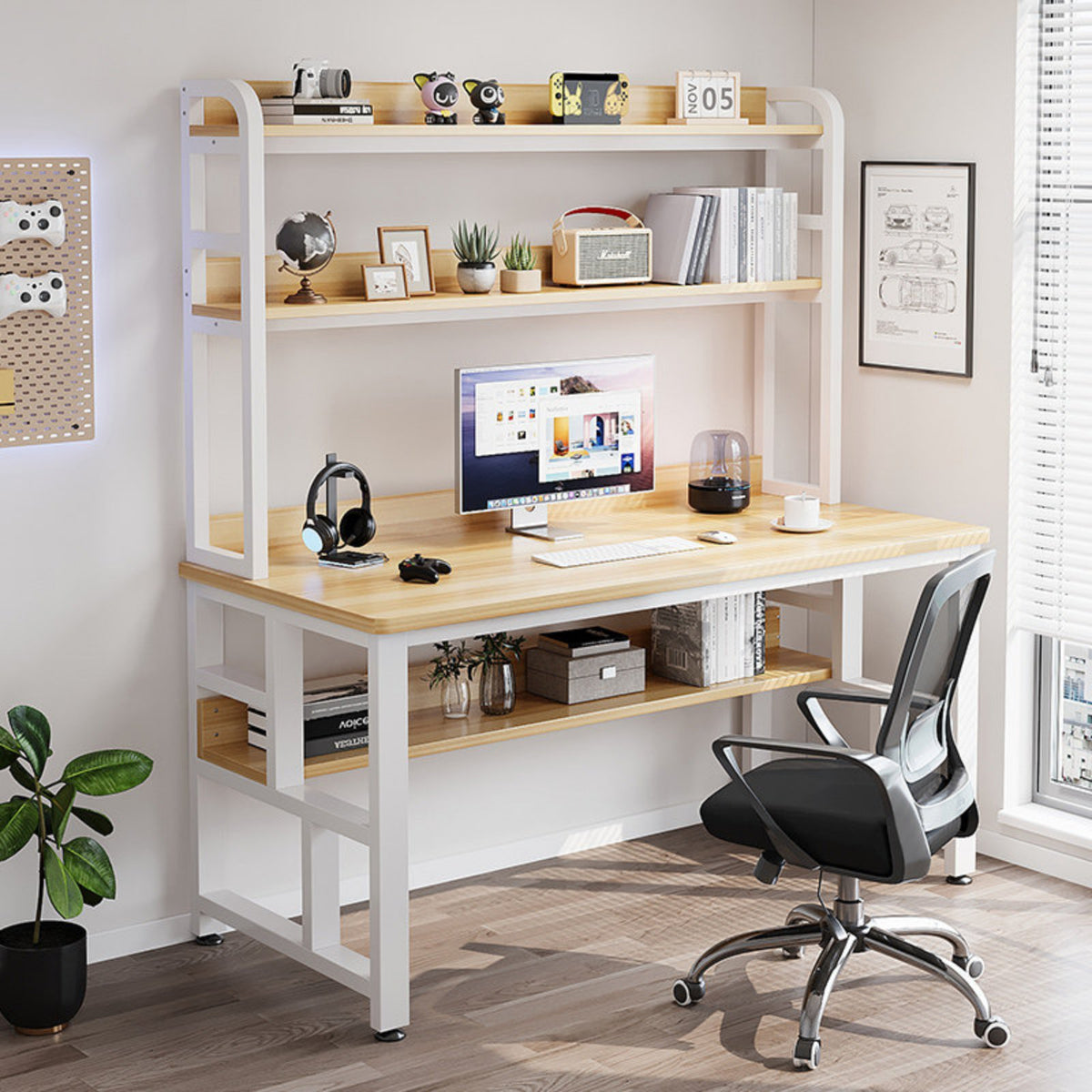 Study Desk with Bookshelf Space-Saving Design Writing Table with Pegboard Wide Desktop Workstation for Teens, Esports Participants, Bedroom, Dorm Room