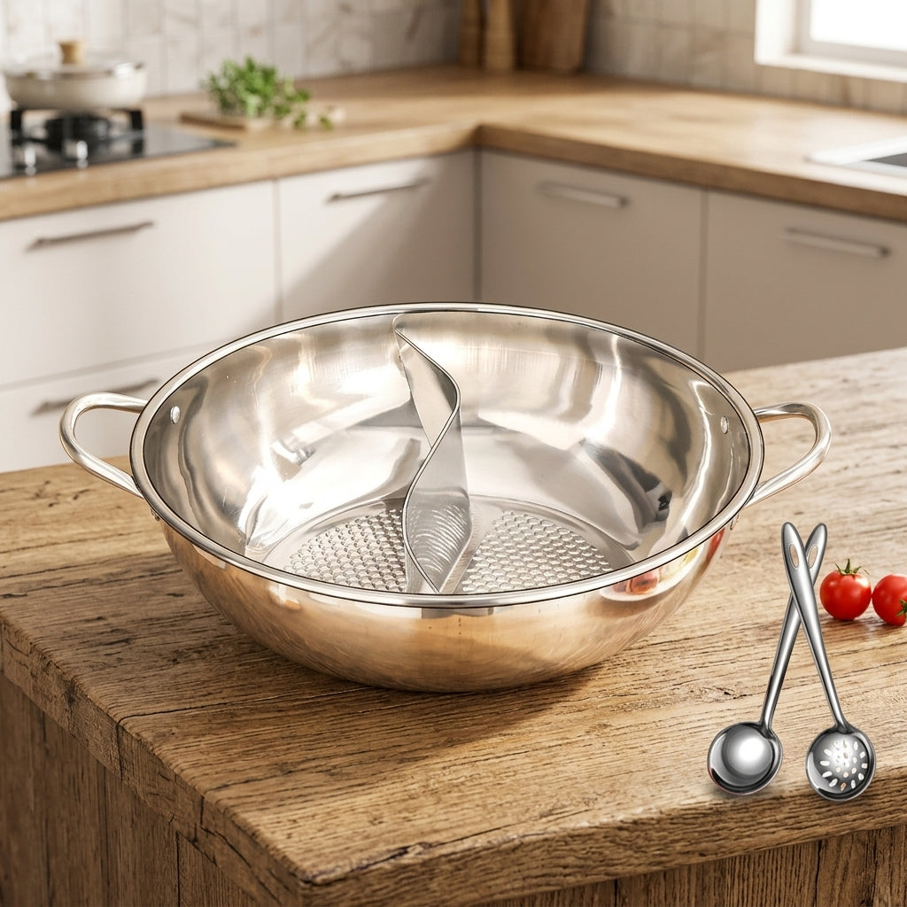 Hot Pot Induction Cooker with Stainless Steel Split Design, Large Shabu Shabu Pot with Glass Lid, Family Dinner Set with Ladle and Skimmer