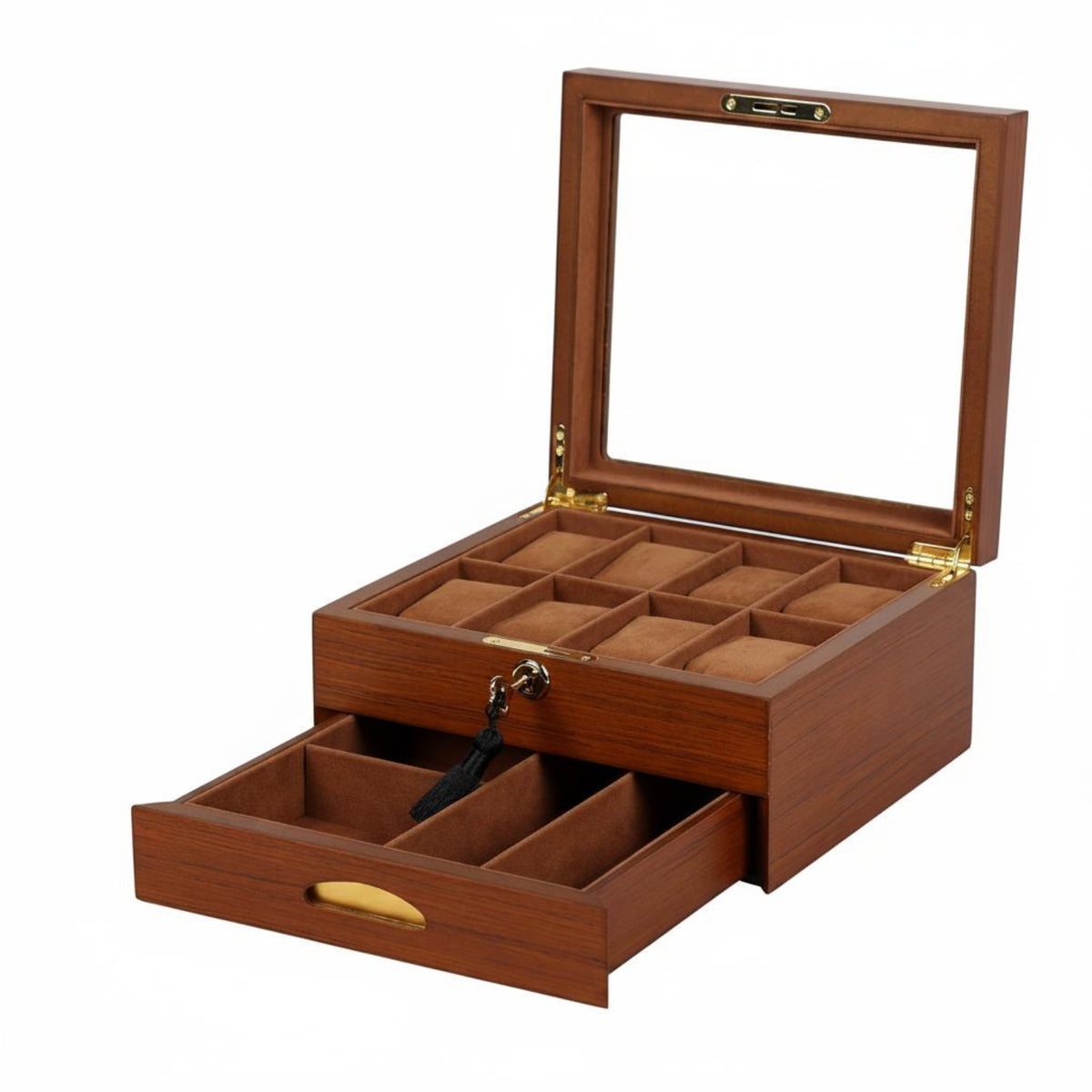 Double-Layer Watch Box Glass Lid Watch Organizer Box Storage Velvet Lined Pull-out Drawer