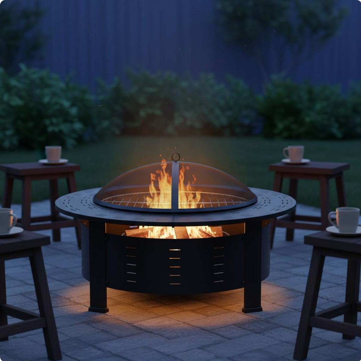 Round Fire Bowl Table Heating & Grilling Log-Fueled Fire Bowl Table Multi-Functional for Backyard, Garden