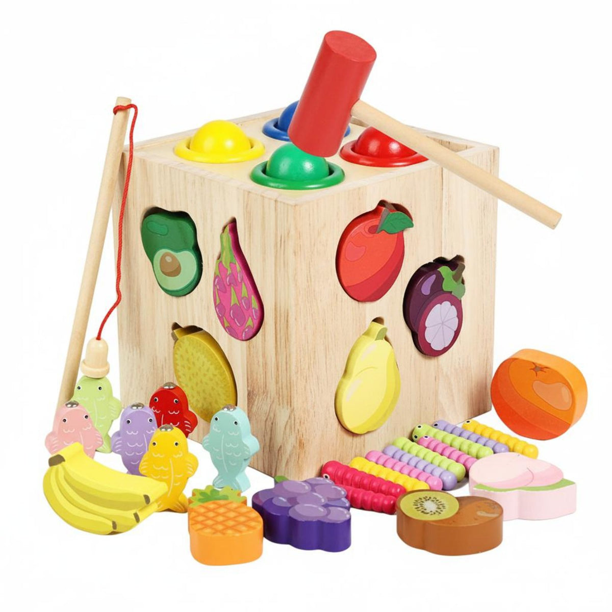 Hand-Eye Coordination 4 in 1 Toy Set Fine Dexterity Skills Wooden Activity Box Educational Fishing Game Paint for Preschoolers, Preschool