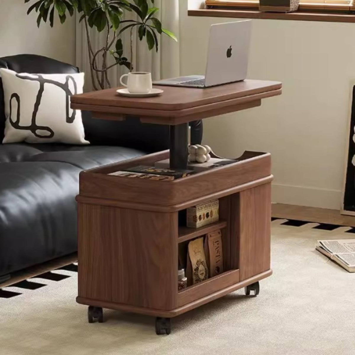 Elevating-Top Rolling Side Table Adjustable Height Mobile Storage Table Space-Saving Household Furniture for Students, Homeowners, Bedroom, Office