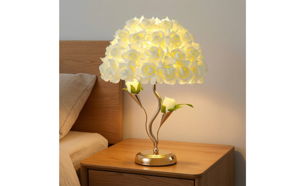 Decorative Rose Table Lamp Warm Light Rose Lamp Floral Gold-Tone for Bedside, Bedroom, Living Room