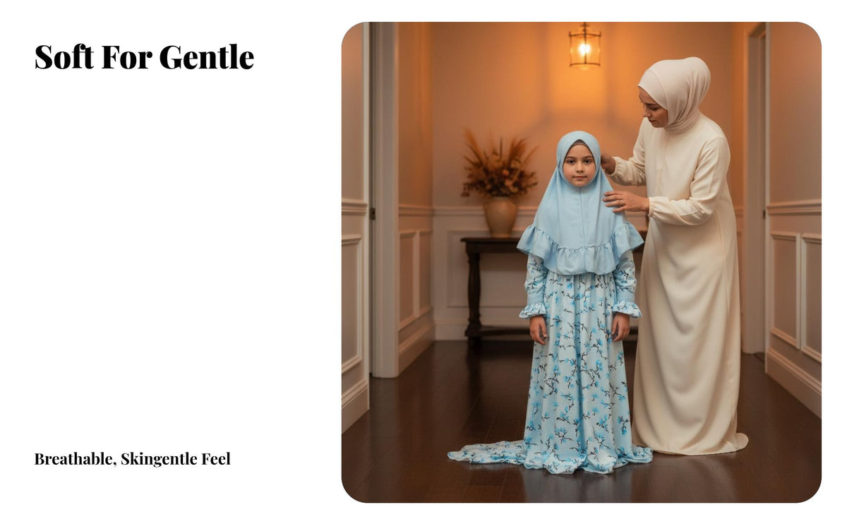 Girls Long Sleeve Floral Dress, Autumn Winter Muslim Outfit, Round Neck, Lace Headscarf