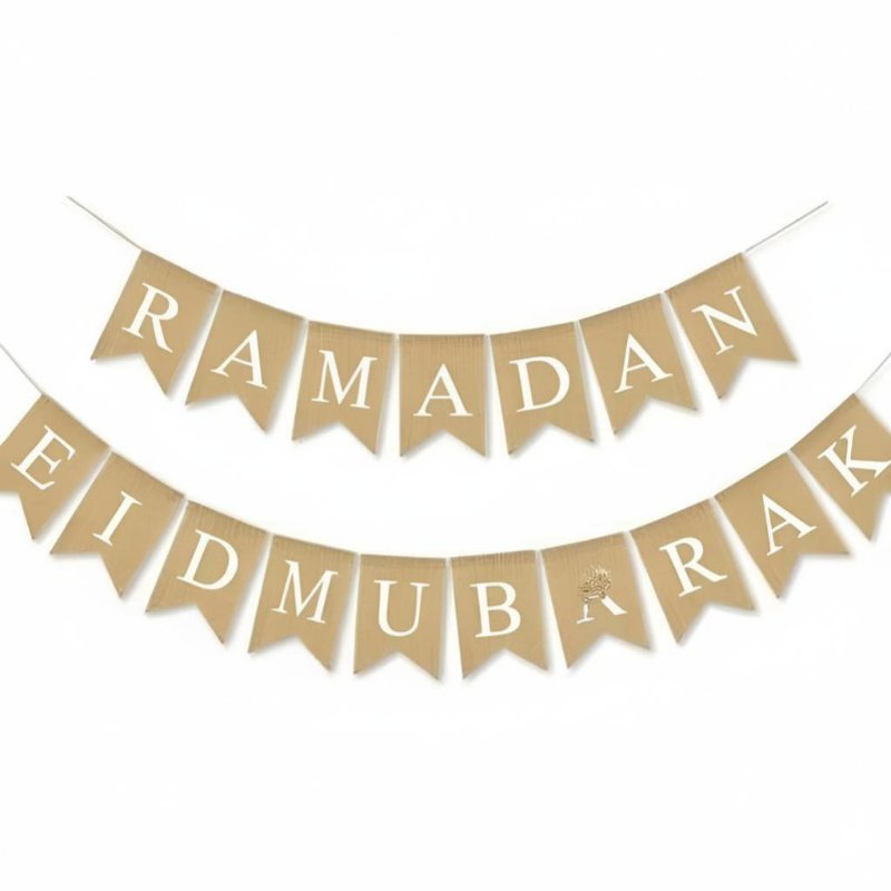 Moon Galactic Party Banner Ready to Hang Ramadan Burlap Banner Glitter Accents Eid Mubarak V-Shaped Flag