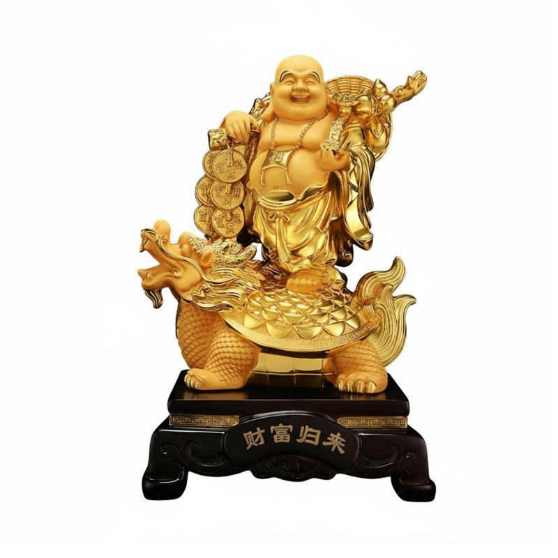Gold Maitreya Buddha Statue, mystical guardian Turtle, Wealth God, Resin Decor for Home, Business, Shop